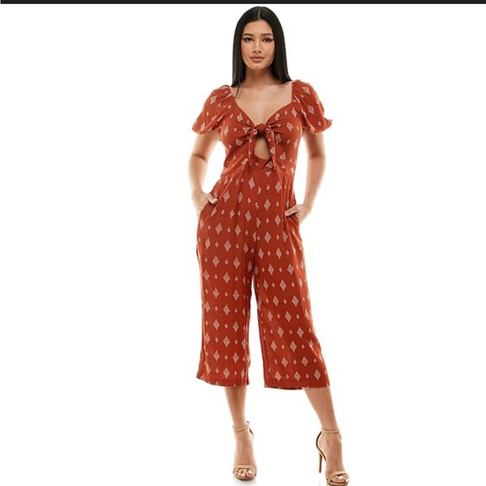 NWT Print Cutout Jumpsuit! Smock Back. Copper! Fall Romper